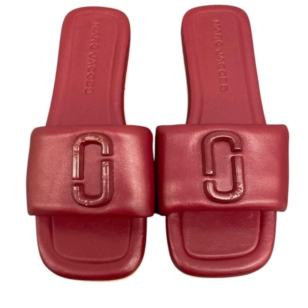 Marc Jacobs J Link Slide Sandals Womens‎ 35 Burgundy Excellent Leather Flat Logo